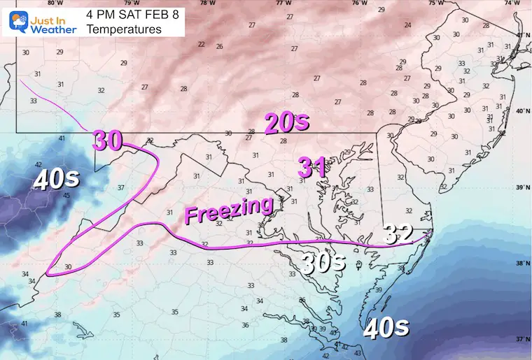 February 8 storm temperatures Saturday 4 PM