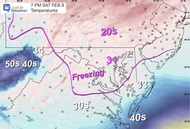 February 8 storm temperatures Saturday 7 PM