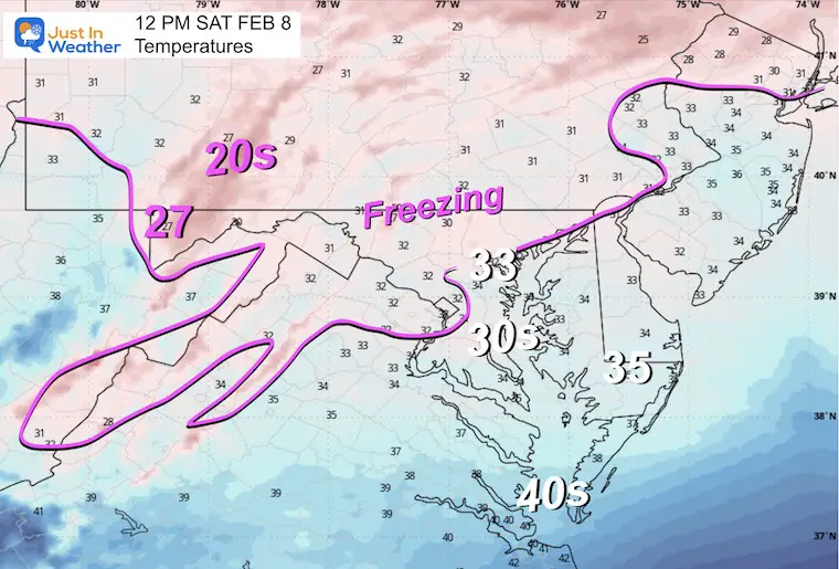 February 8 storm temperatures Saturday Noon