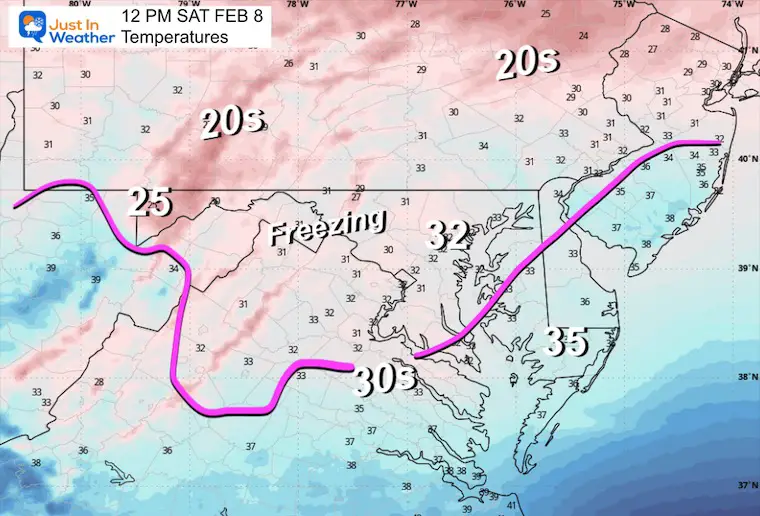 February 7 weather temperatures Saturday noon