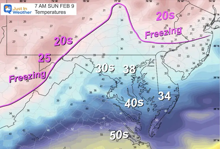 February 8 storm temperatures Sunday morning