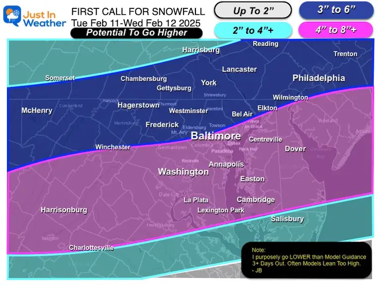 February 9 my first call snowfall Tuesday legend color