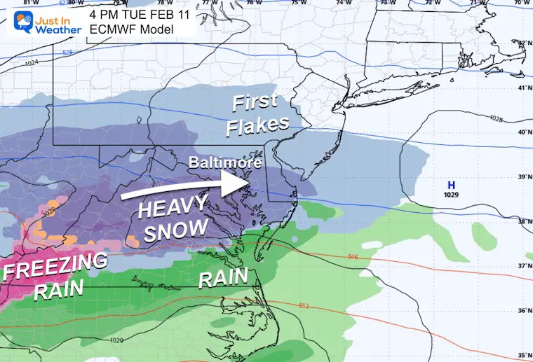 February 9 weather forecast snow Tuesday afternoon