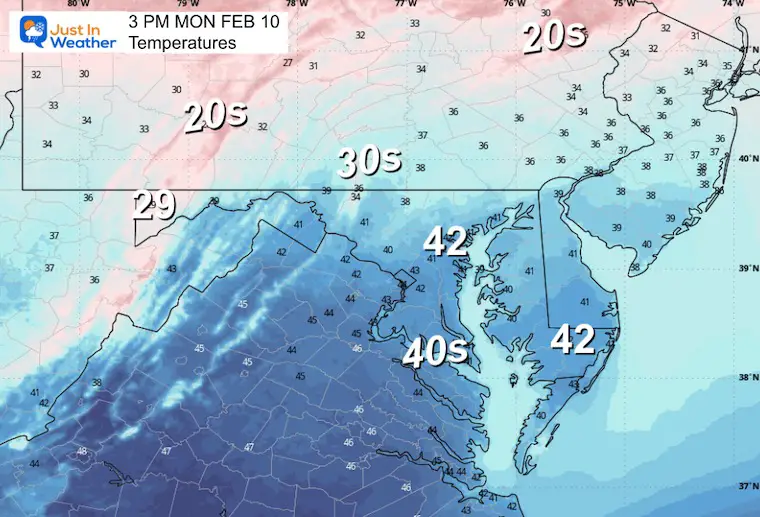 February 9 weather temperatures Monday afternoon