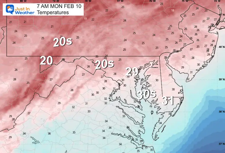 February 9 weather temperatures Sunday morning