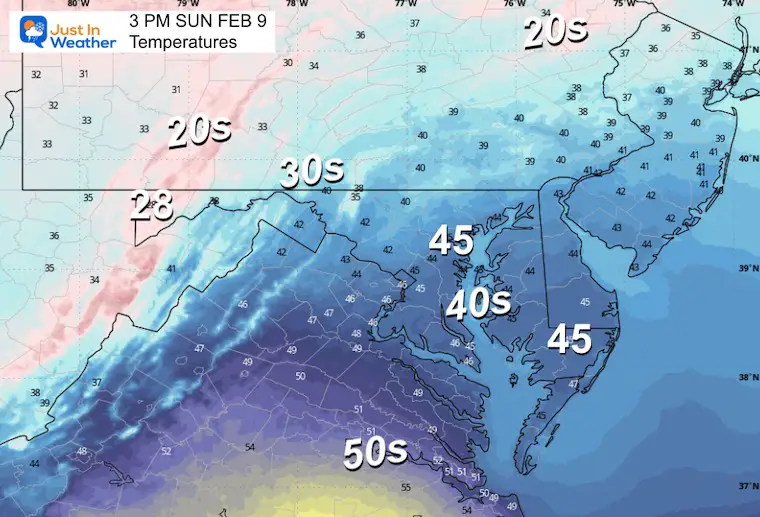 February 9 weather temperatures Sunday afternoon