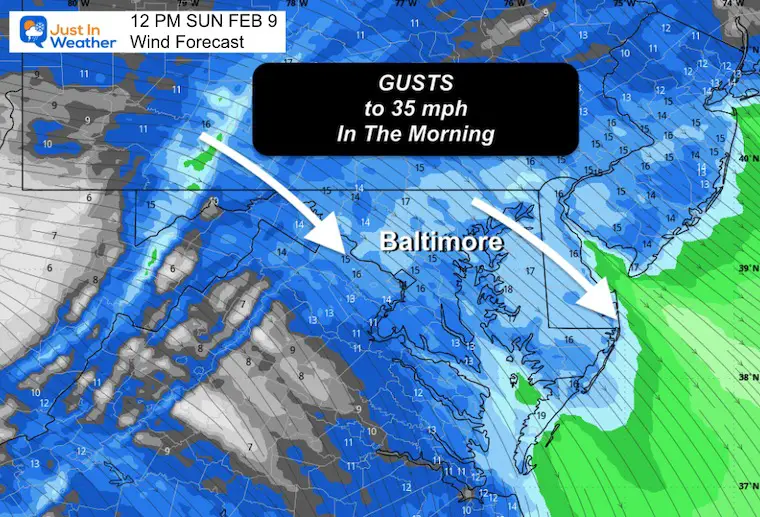 February 9 weather wind forecast Sunday noon