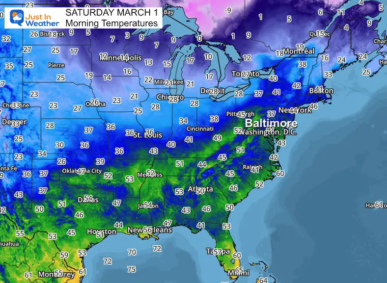 March 1 weather temperatures Saturday morning