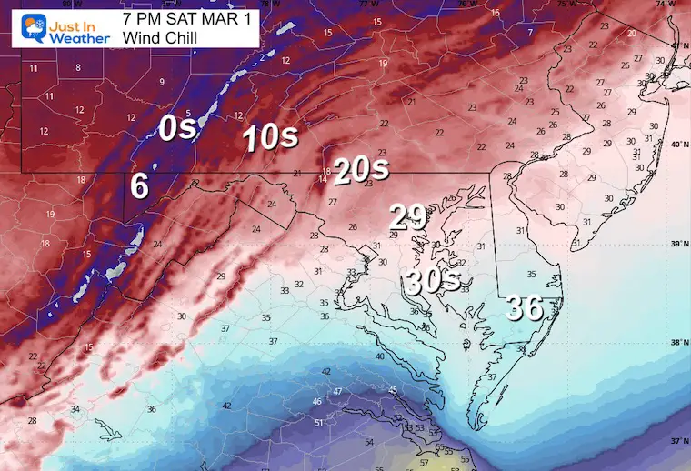 March 1 weather temperatures Saturday evening wind chill