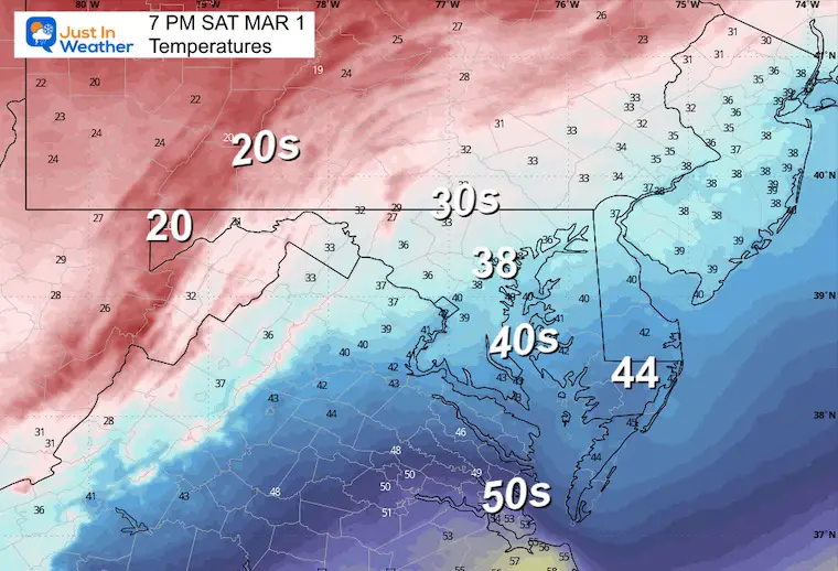 March 1 weather temperatures Saturday evening