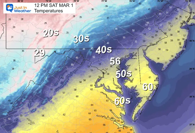 March 1 weather temperatures Saturday Noon