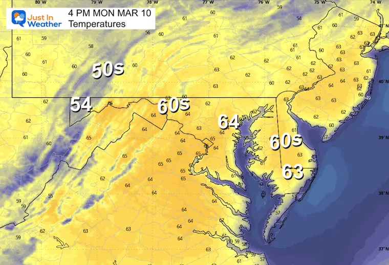 March 10 weather temperatures Monday afternoon