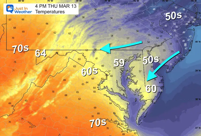 March 12 weather forecast temperatures Thursday afternoon