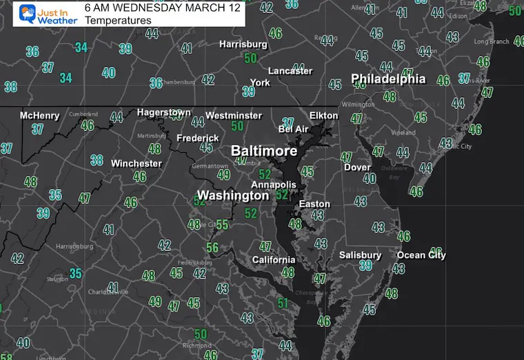 March 12 weather temperatures Wednesday morning