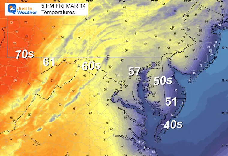 March 14 weather forecast temperatures Friday afternoon