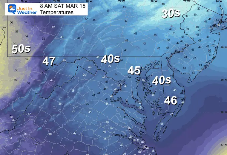 March 14 weather forecast temperatures Saturday morning