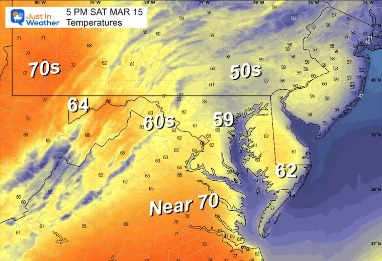 March 15 weather temperatures Saturday afternoon