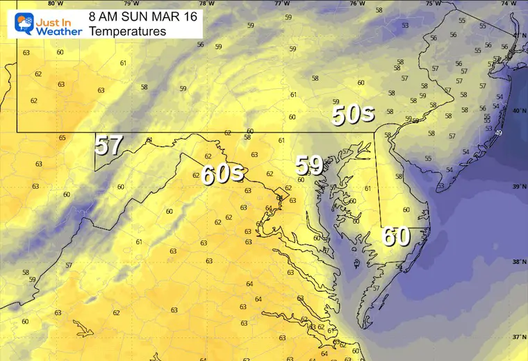 March 15 weather temperatures Sunday morning