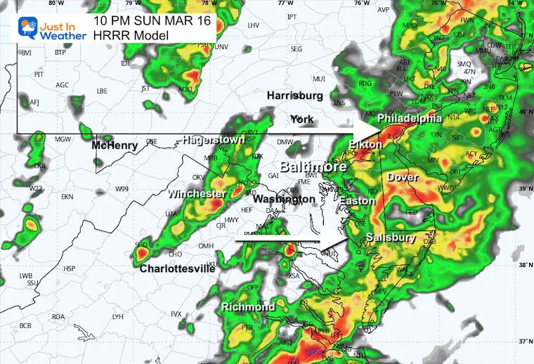 March 16 weather storm radar Sunday 10 PM