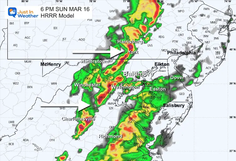 March 16 weather storm radar Sunday 6 PM