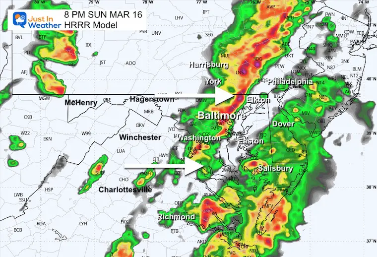 March 16 weather storm radar Sunday 8 PM