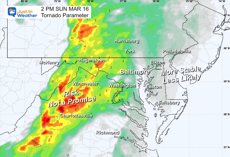 March 16 weather storm tornado parameter Sunday 2 PM