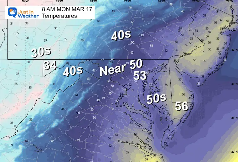 March 16 weather temperatures Sunday morning