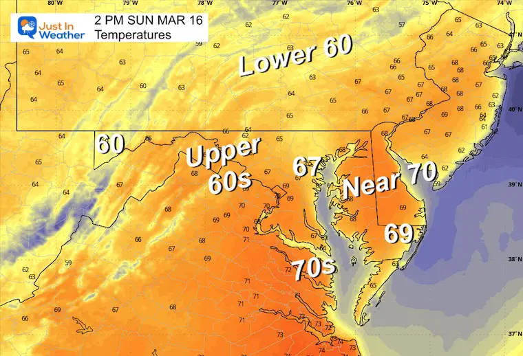 March 16 weather temperatures Sunday 4 PM