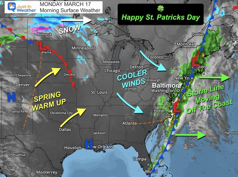 March 17 weather Monday morning St. Patrick's Day