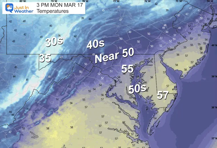 March 17 weather temperatures Monday afternoon