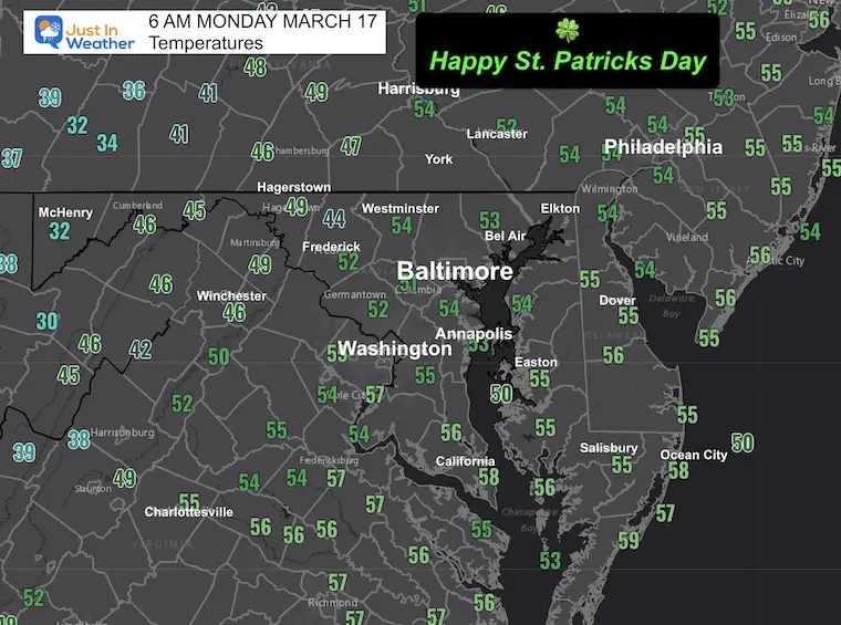 March 17 weather forecast temperature Monday morning