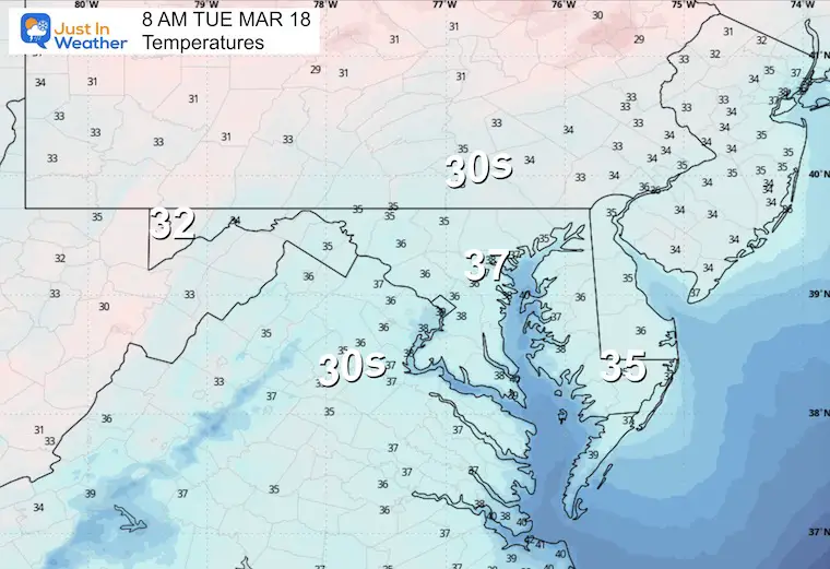 March 17 weather temperatures Tuesday morning