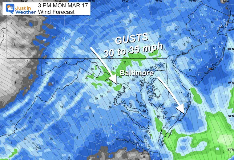 March 17 weather wind forecast Monday afternoon