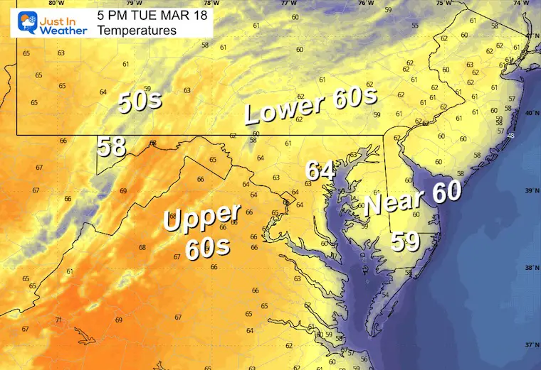 March 18 weather temperatures Tuesday afternoon