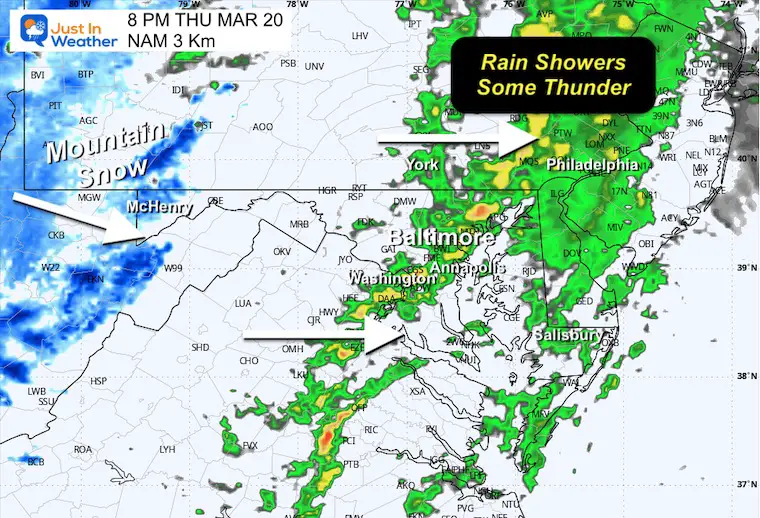 March 19 weather forecast rain radar Thursday 8 PM