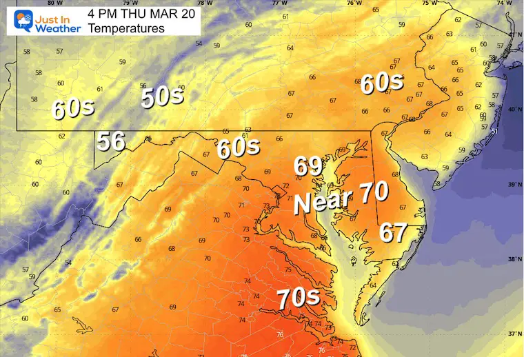 March 19 weather forecast temperatures Thursday afternoon