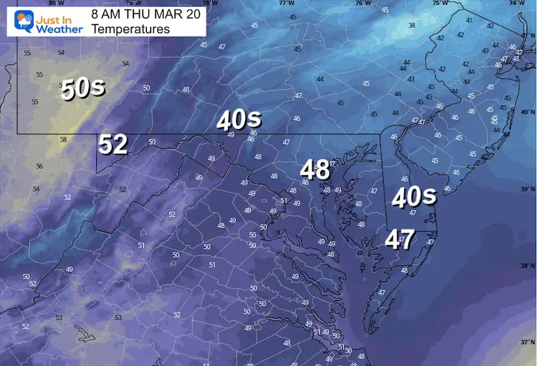 March 19 weather forecast temperatures Thursday morning