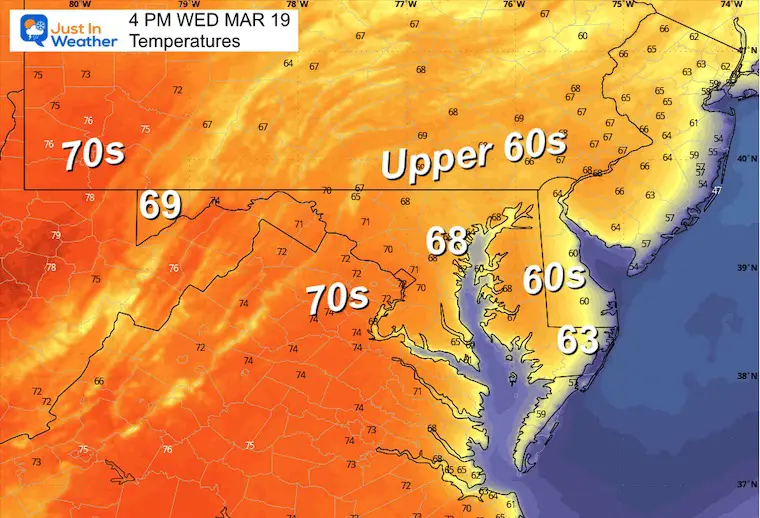 March 19 weather forecast temperature Wednesday afternoon