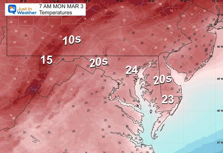 March 2 weather temperatures Monday morning