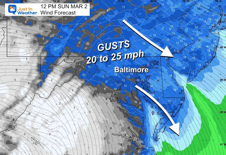 March 2 weather wind forecast Sunday Noon