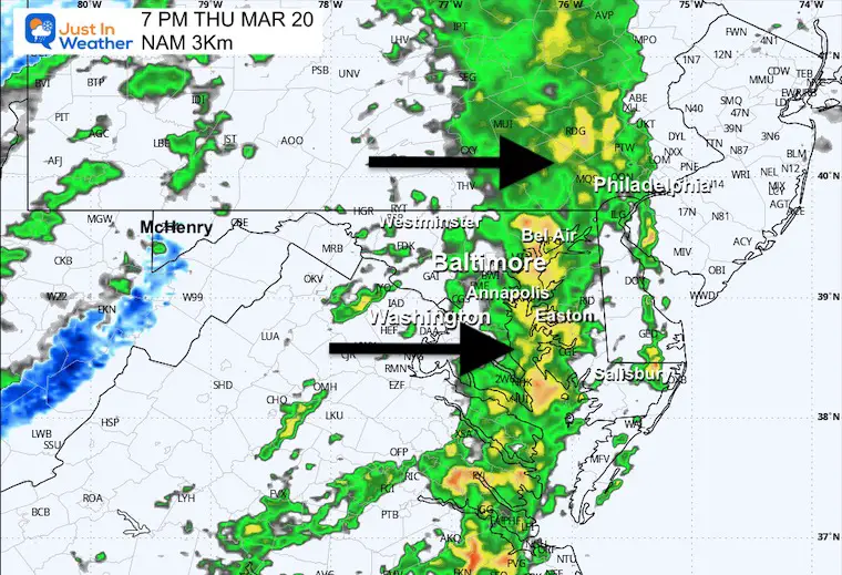 March 20 weather spring rain storm radar Thursday 7 PM