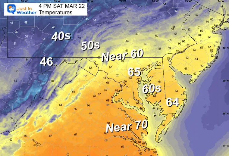 March 21 weather temperatures forecast Saturday afternoon