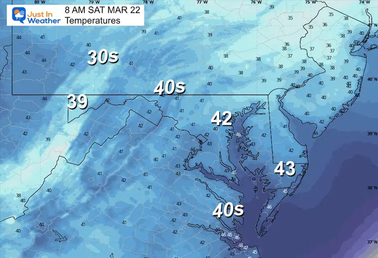 March 21 weather temperatures forecast Saturday morning