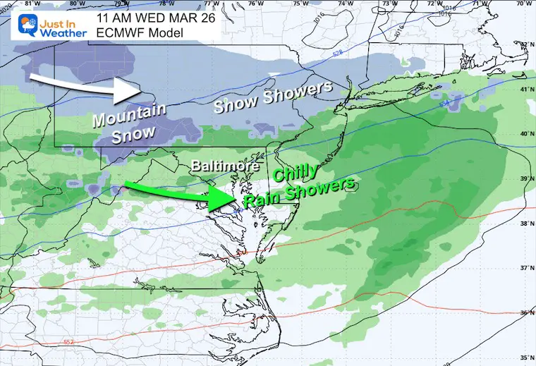 March 22 weather forecast rain snow Wednesday