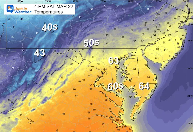 March 22 weather forecast temperatures Saturday afternoon