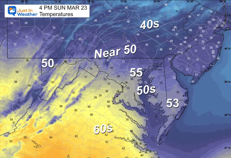 March 22 weather forecast temperatures Sunday afternoon