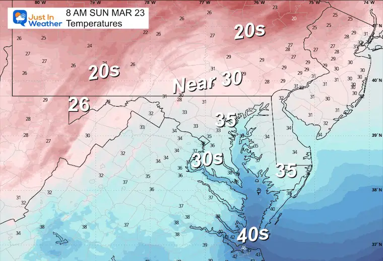 March 22 weather forecast temperatures Sunday morning