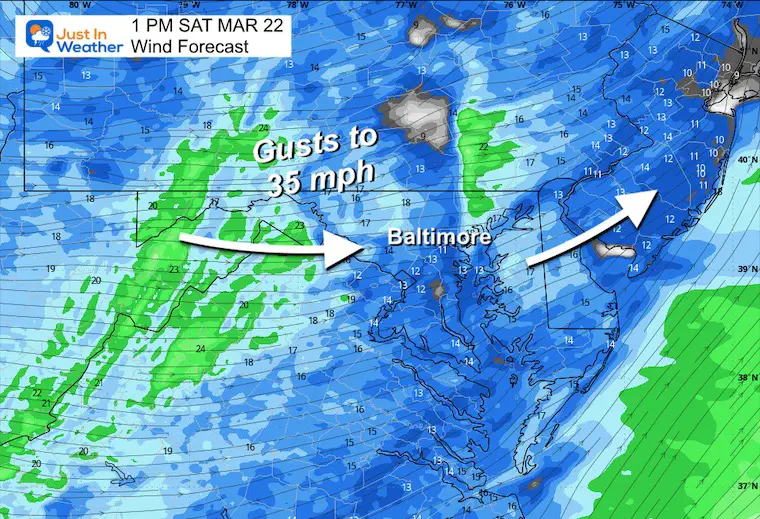 March 22 weather forecast wind Saturday afternoon