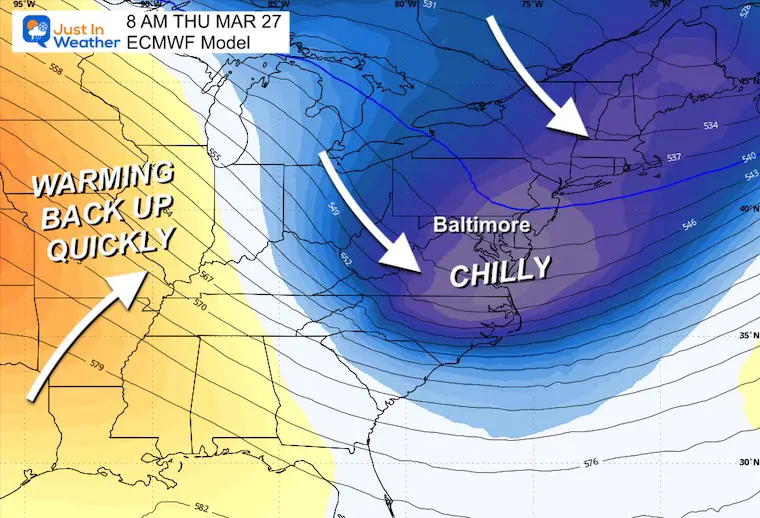 March 23 weather jet stream forecast chilly Thursday