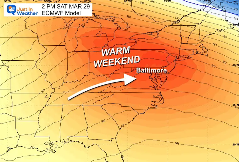 March 23 weather jet stream forecast warm Saturday